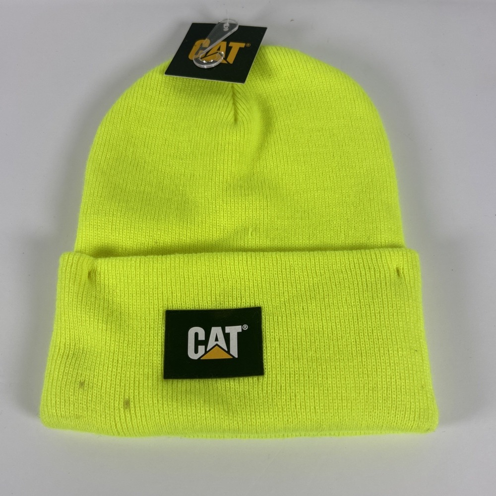Caterpillar Mens Beanie CAT Cuff Hi Visibility Yellow One Size Hat Patch NEW